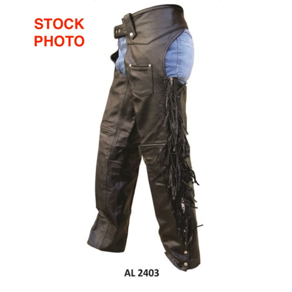 Allstate Leather chaps Black Fringe Size XL unisex lined buffalo